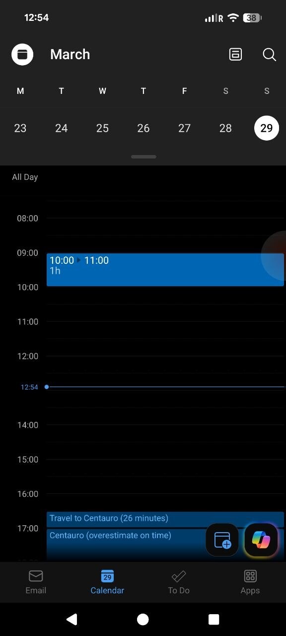 A screenshot from Microsoft Outlook on Android showing me adding an entry at 9am but the entry actually being added at 10am, for reasons unknown.. other than someone totally fucked up at coding and DST/Summertime changeover day.